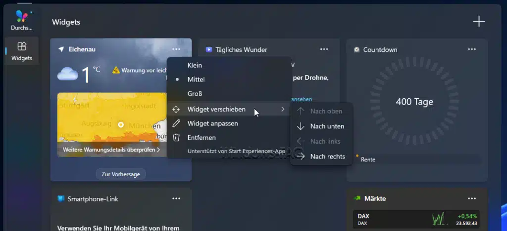 Widgets verschieben, anpassen oder entfernen