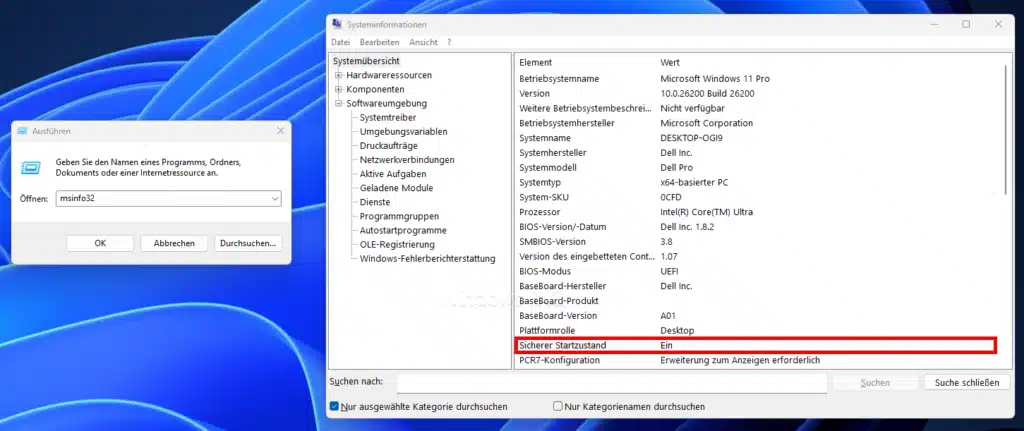 Secure Boot Windows Systeminformationen