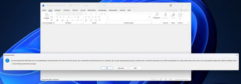 Word konvertiert Ihre PDF-Datei nun in ein bearbeitbares Word-Dokument