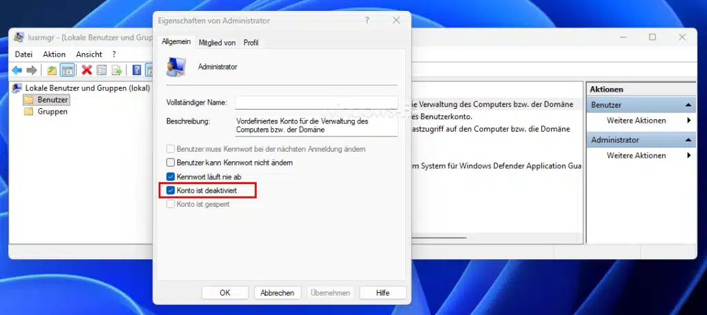 lusrmgr Administrator Konto ist deaktiviert