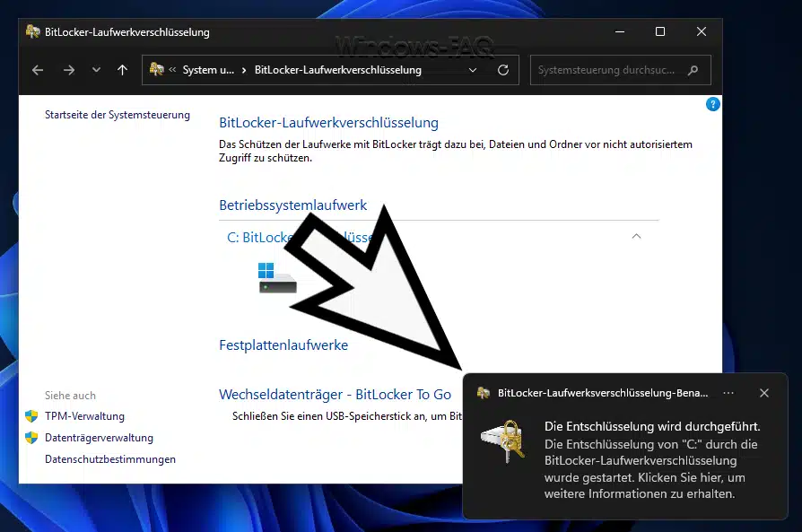 Bitlocker Entschlüsselung wird durchgeführt
