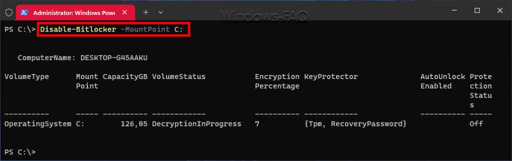 Bitlocker deaktivieren PowerShell Disable-Bitlocker