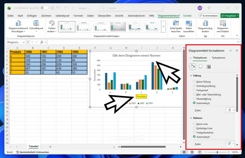 Excel Diagrmmtitel formatieren