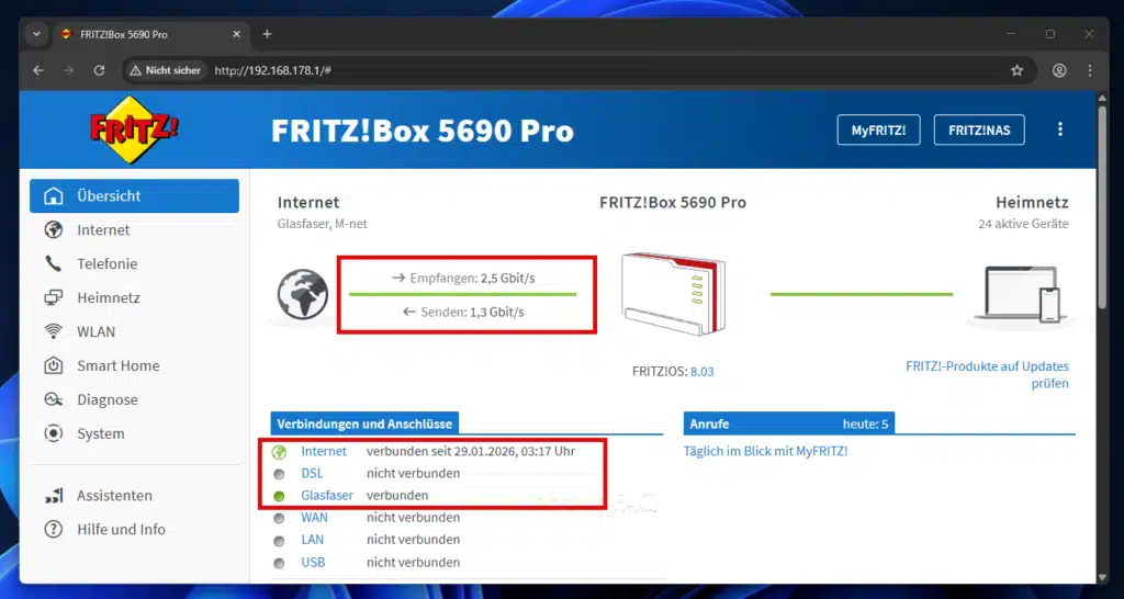 FritzBox Status Internet DSL Glasfaser