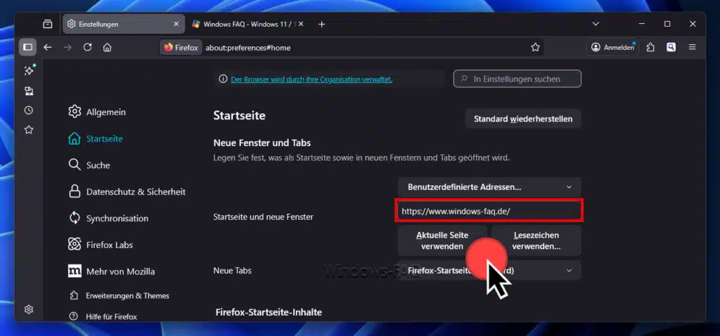 Aktuelle Webseite als Firefox Startseite festlegen