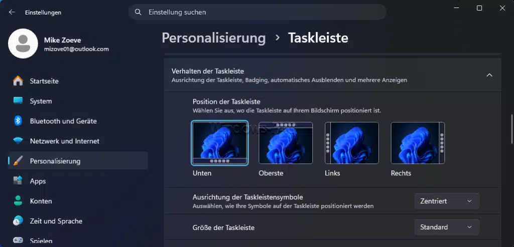Position der Taskleiste in den Windows 11 Einstellungen festlegen