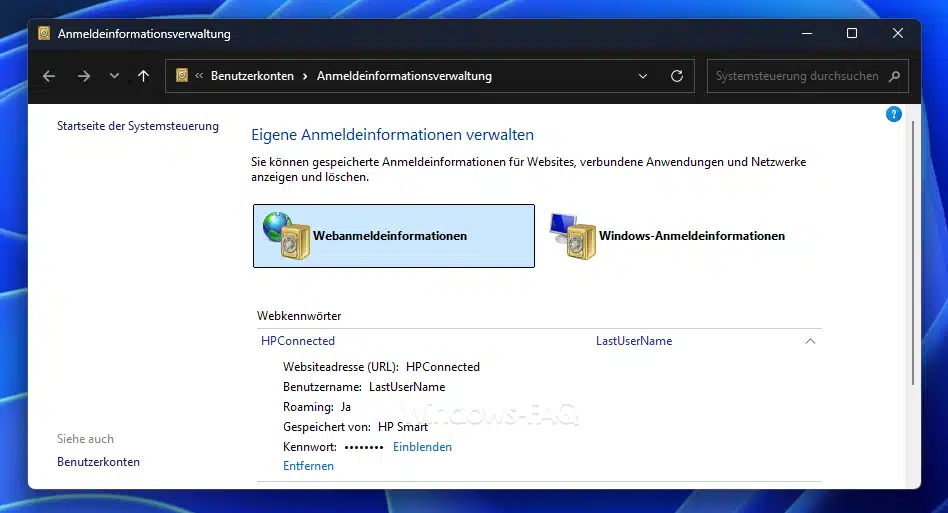 Windows Anmeldeinformationsverwaltung gespeicherte Passwörter anzeigen