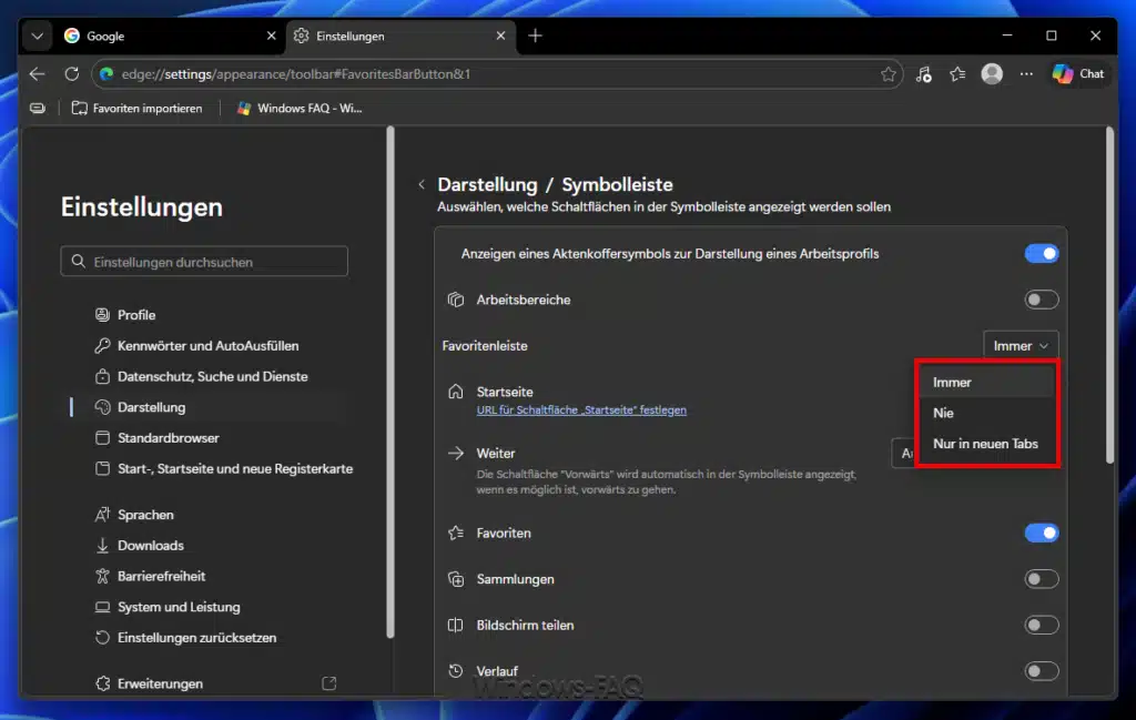 Favoritenleiste anzeigen Edge nur in neuen Tabs