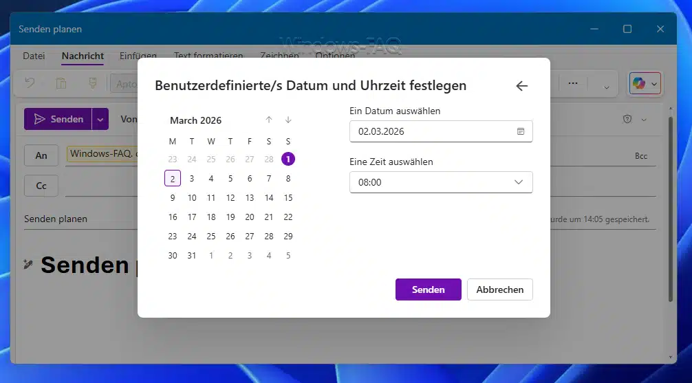 Outlook Mail später senden Datum und Uhrzeit festlegen