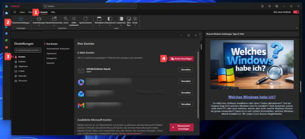 Outlook New Postfach hinzufügen