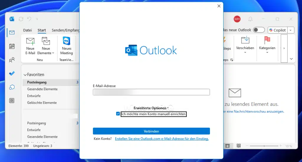 Outlook Postfach hinzufügen - Ich möchte mein Konto manuell einrichten