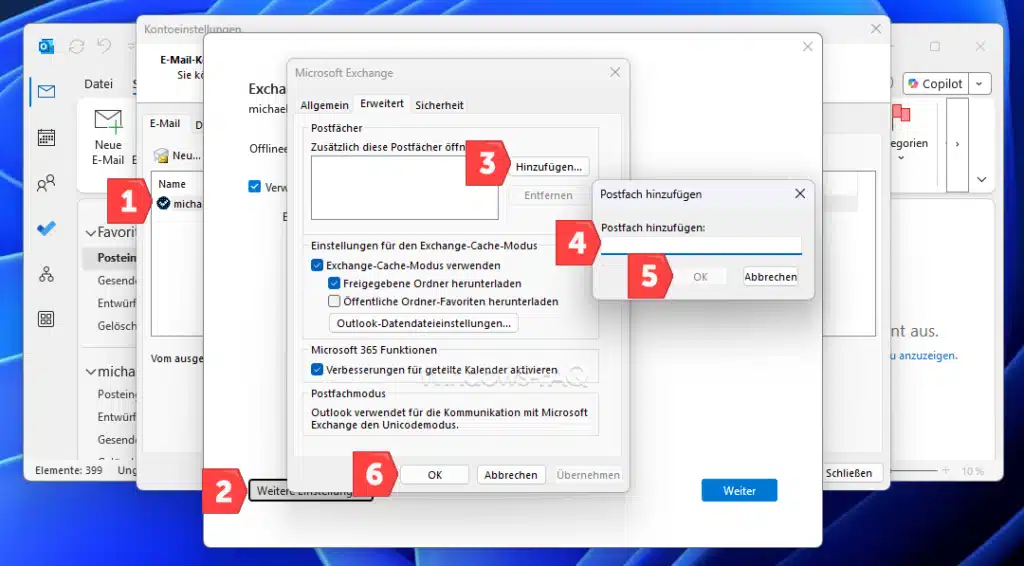 Outlook freigegebenes Postfach hinzufügen