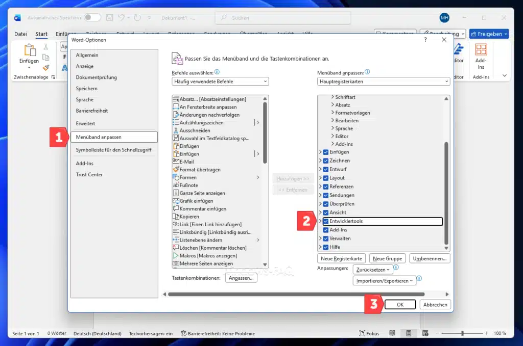 Word Entwicklertools Word Optionen