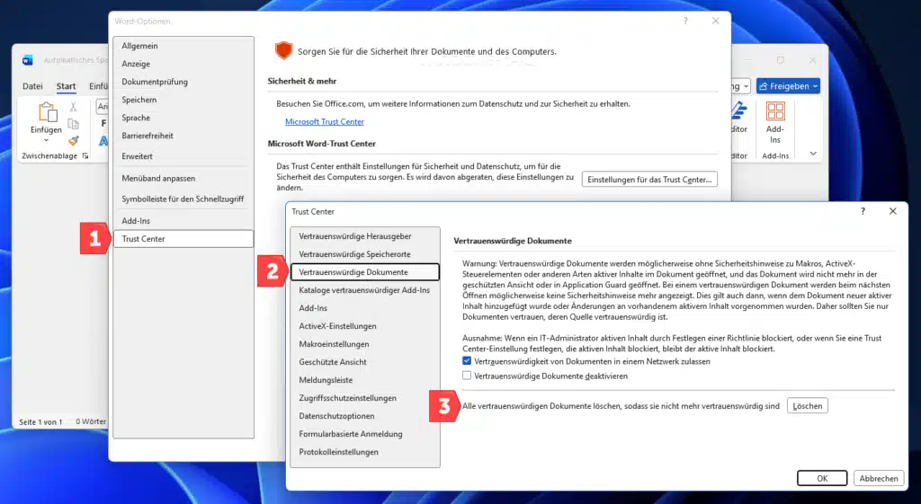 Word alle vertrauenswürdigen Dokument löschen