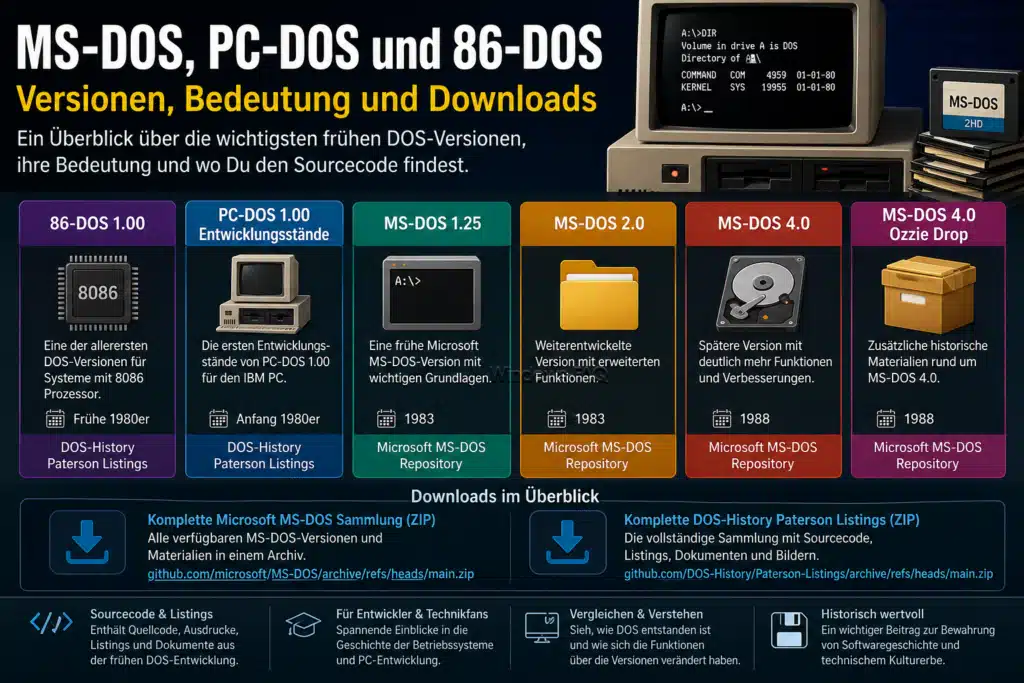 MS-DOS, PC-DOS und 86-DOS: Versionen, Bedeutung und Downloads