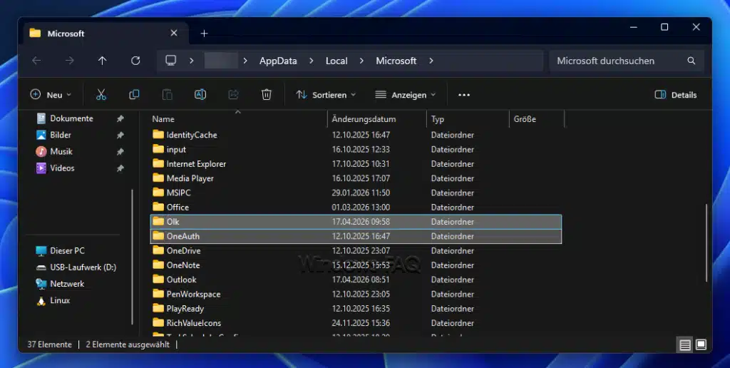 OLK und OneAuth Ordner Outlook Probleme
