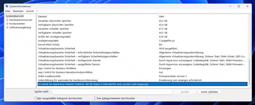 Virtualisierung Windows Systeminformationen