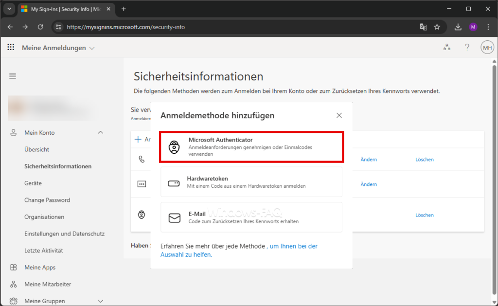 Anmeldemethode Microsoft Authenticator