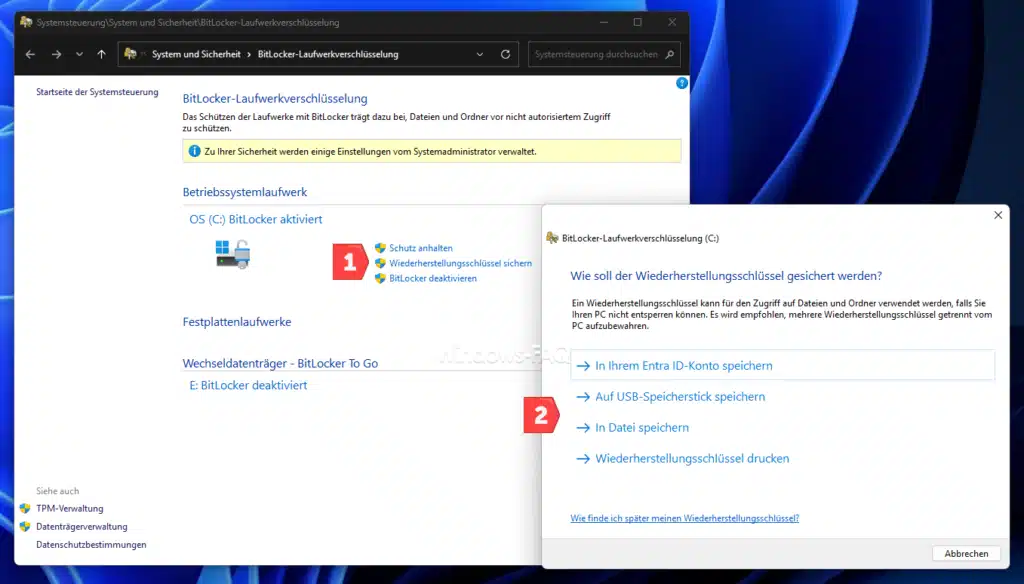 Bitlocker Wiederherstellungsschlüssel speichern
