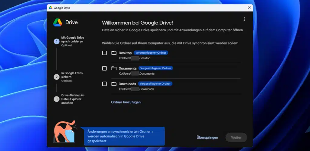 Wählen Sie die Ordner aus, die mit Google Drive synchronisiert werden sollen