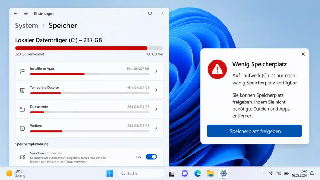 Wenig Speicherplatz auf Windows Systempartition C frei