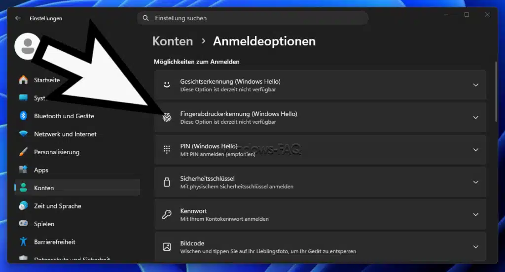 Windows Anmeldemethoden Gesichtserkennung, Fingerabdruck, Windows Hello, Sicherheitsschlüssel, Kennwort