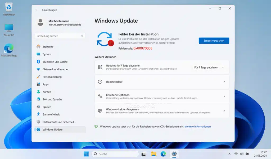 Windows Update Fehlercode 0x80070005
