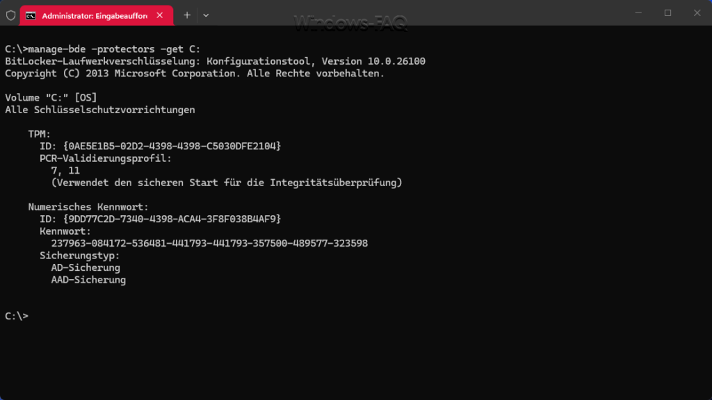 manage-bde -protectors -get C Bitlocker Key auslesen