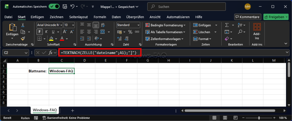 Excel Blattname automatisch als Überschrift verwenden