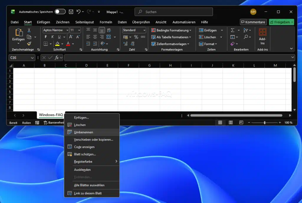 Excel Blattname umbenennen über rechte Maustaste