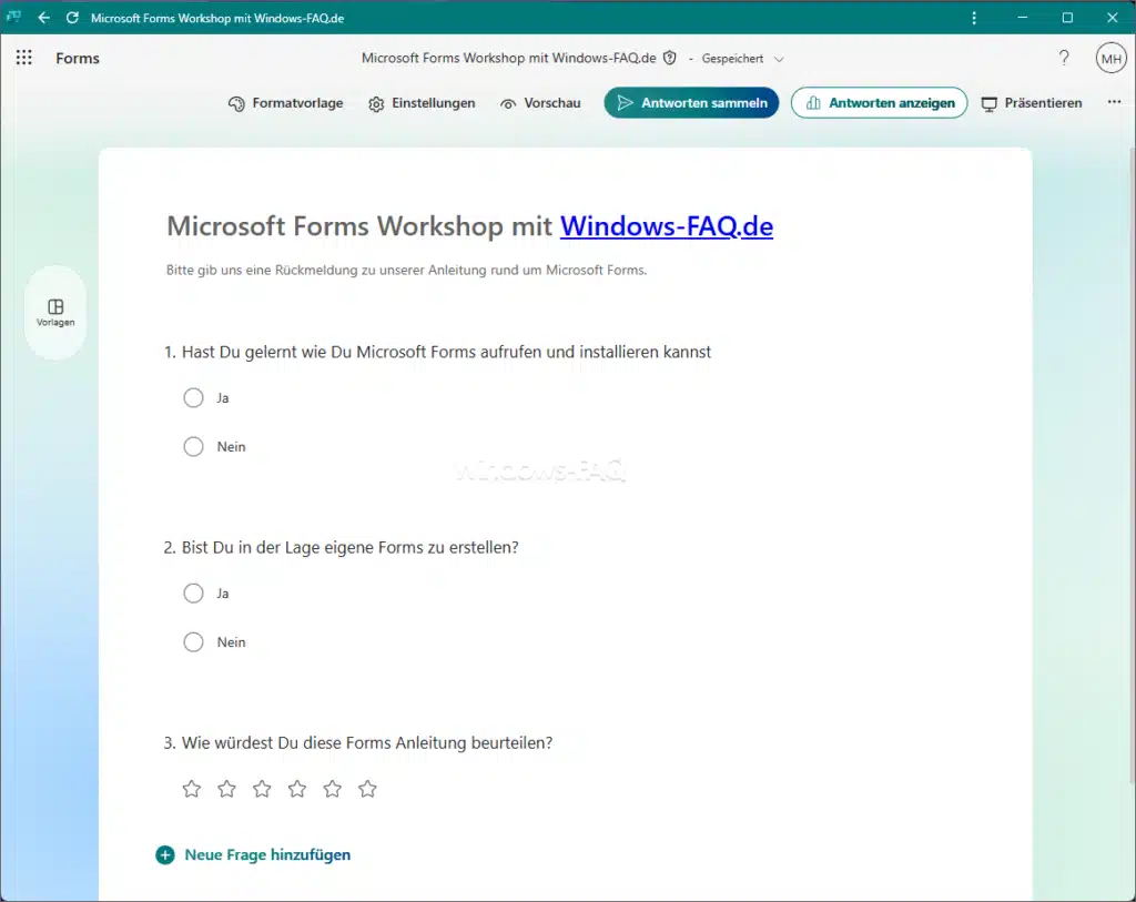 Microsoft Form erstellen und verschiedene Antworten und Bewertungen integrieren