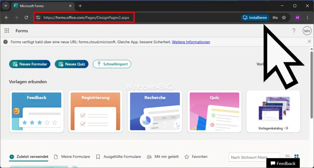 Microsoft Forms aufrufen und als App installieren