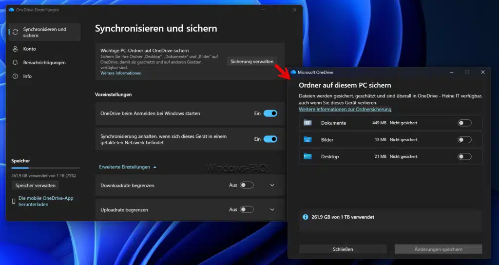 OneDrive Synchronisieren und sichern - Auswahl der Ordner wie Dokumente, Bilder, Desktop
