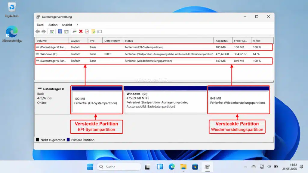 Versteckte Partition in der Windows Datenträgerverwaltung