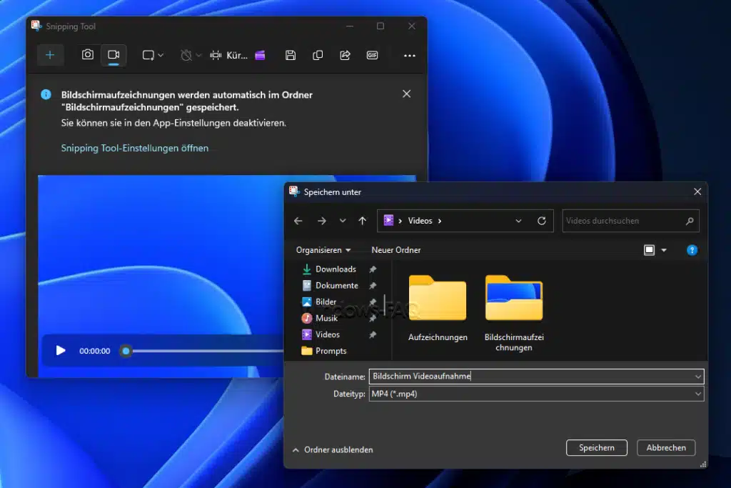 Video Bildschirmaufzeichnungen speichern im Ordner Videos bei Windows