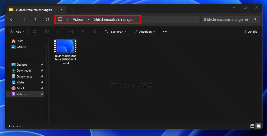 Windows Bildschirmaufzeichnungen werden gespeichert im Ordner Videos