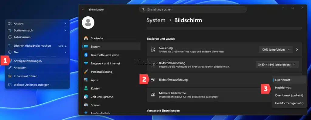 Windows Bildschirmausrichtung wählen in den Windows Einstellungen