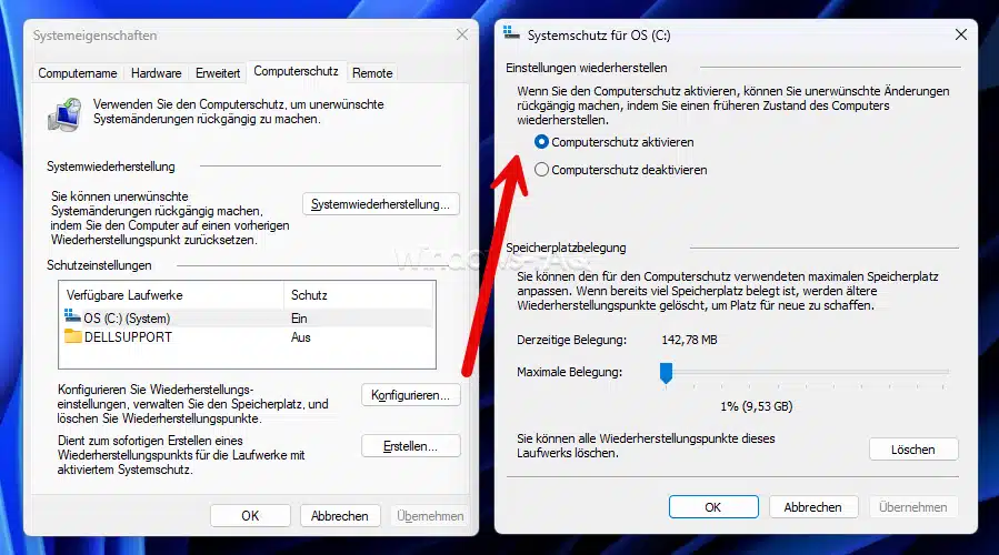 Windows Computerschutz aktivieren zum Speichern von Wiederherstellungspunkten