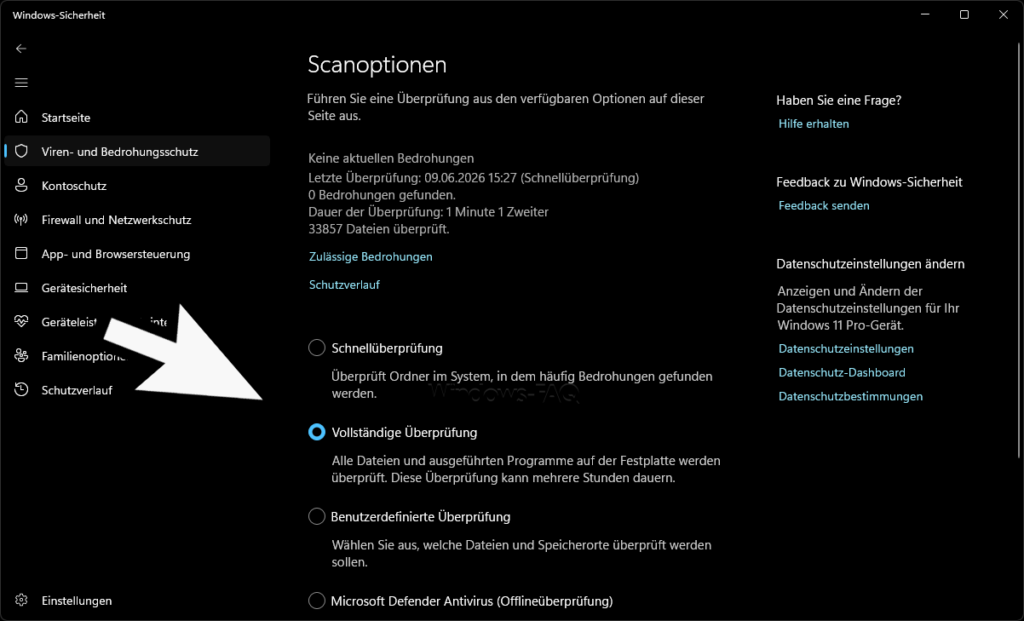 Windows Sicherheit Scanoptionen Schnellüberprüfung Vollständige Überprüfung Offlineüberprüfung