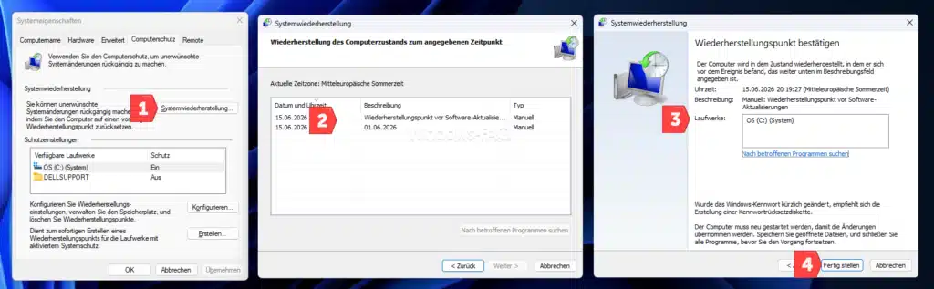 Windows Systemwiederherstellung durchführen und Wiederherstellungspunkt auswählen