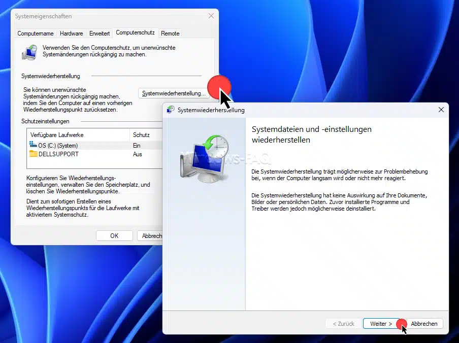 Windows Systemwiederherstellung starten und Wiederherstellungspunkt wählen