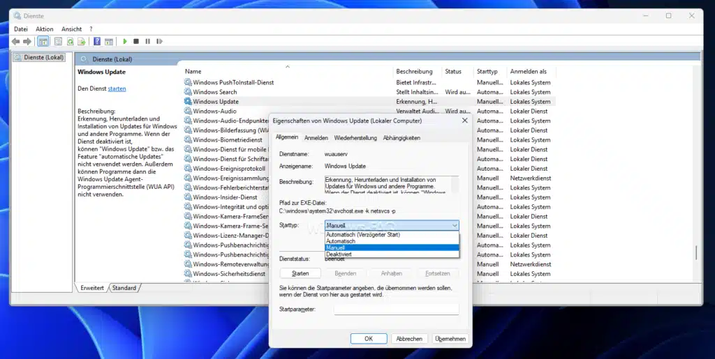 Windows Update Dienst WUAUSERV Startart ändern