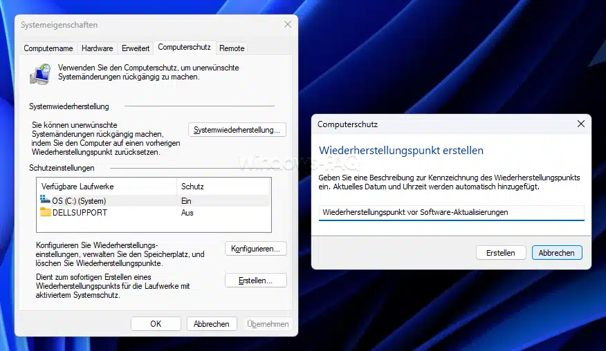 Windows Wiederherstellungspunkt erstellen für eine evtl. Wiederherstellung