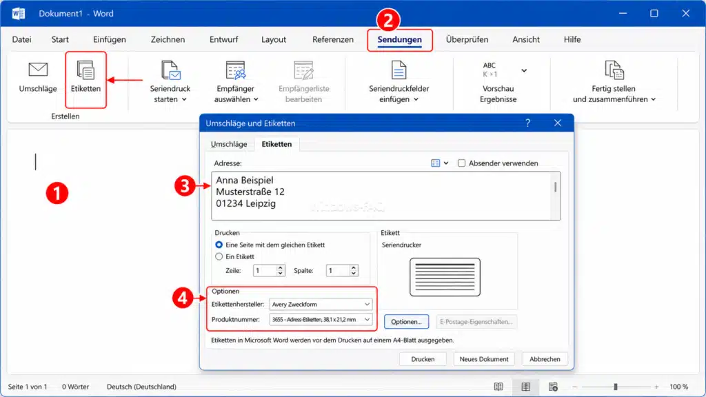 Adressetiketten Word drucken Etiketten, Adresse eingeben, Etikettenhersteller wählen, Produktnummer