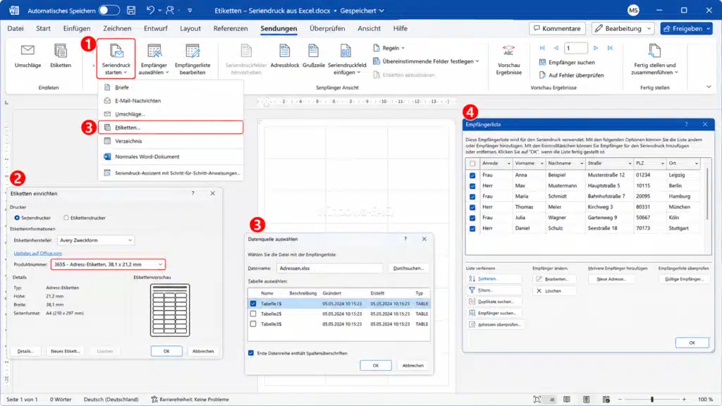 Adressetiketten Word drucken Seriendruck mit Excel Tabelle