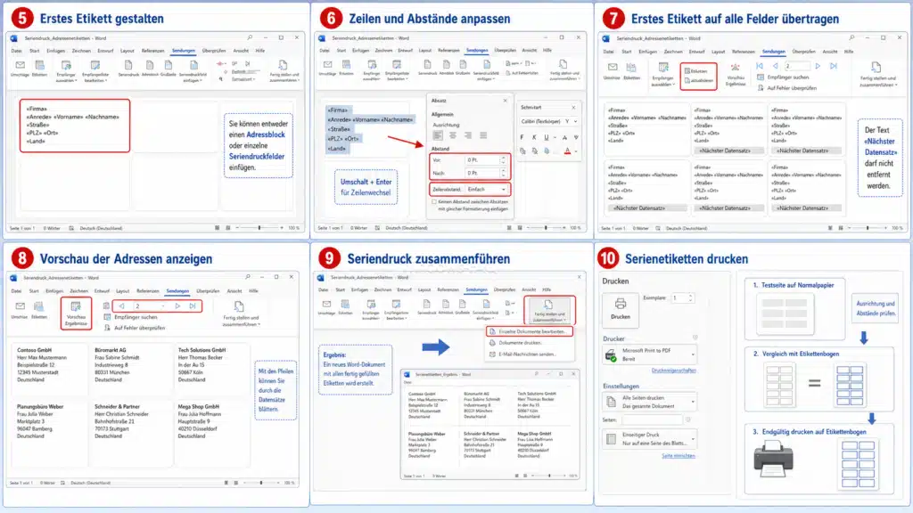 Adressetiketten Word drucken Vorschau der Adressen, Seriendruck zusammenführen und ausdrucken