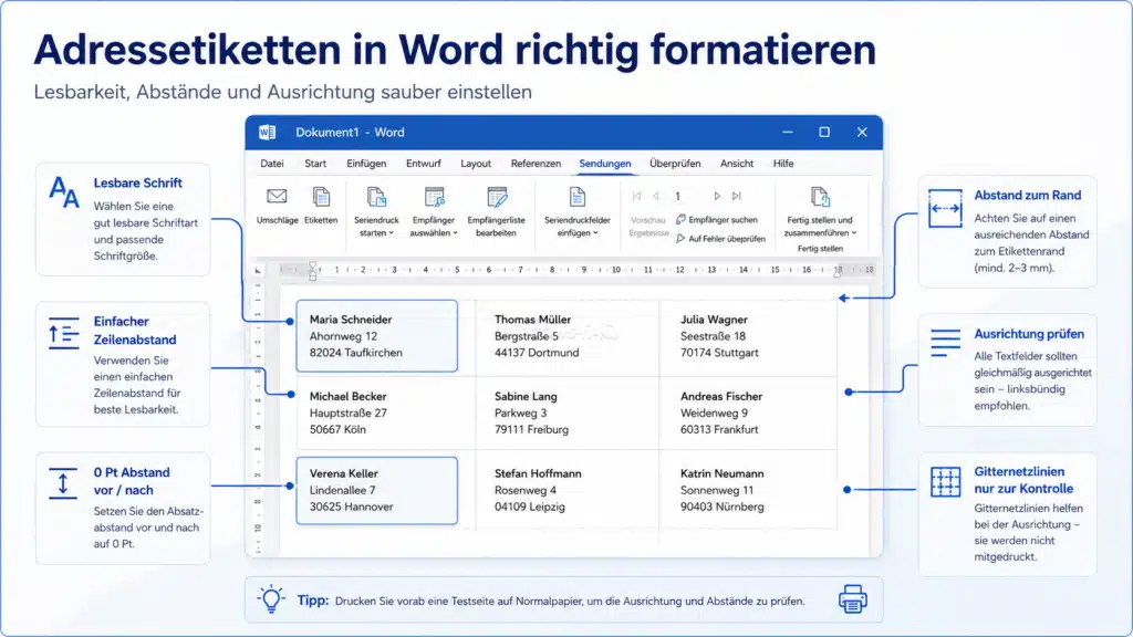 Adressetiketten in Word richtig formatieren
