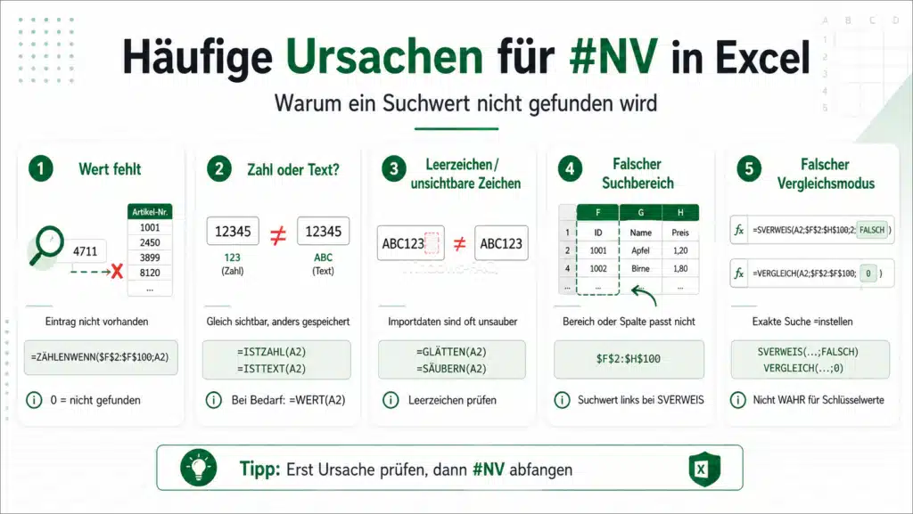 Die häufigsten Ursachen für den Excel #NV Fehler