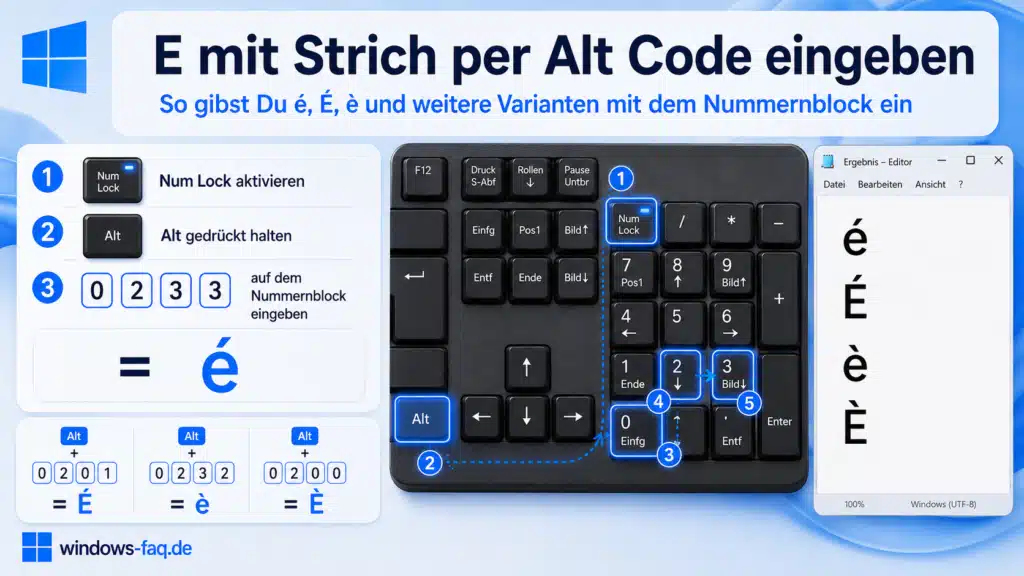 E mit Strich per Alt Code eingeben