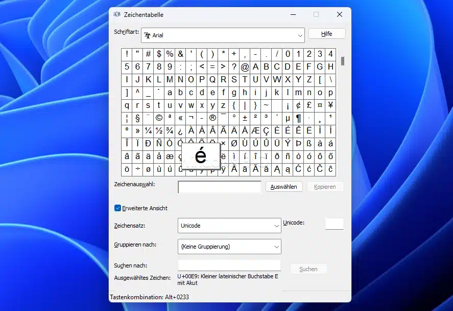 E mit Strich über die Windows Zeichentabelle einfügen